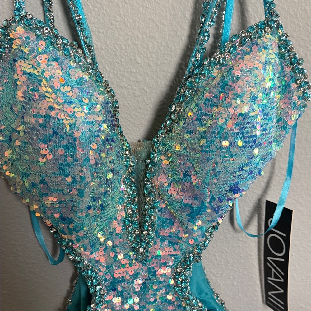 Jovani Iridescent Turquoise Sequin Cutout Dress BNWT - Picture 2 of 6